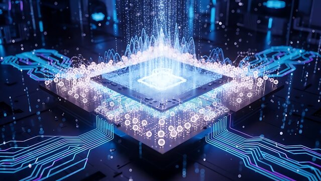 Quantum computing technology with data transmission and processing shown in a digital environment