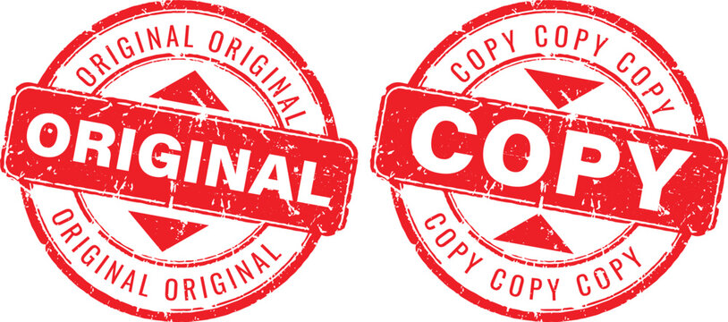 Set of red circular grunge rubber stamps with original and copy text for document authenticity verification