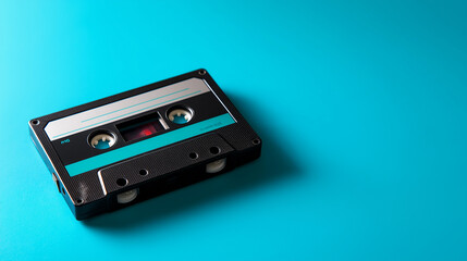 Fototapeta premium Retro audio cassette tape on bright turquoise background representing vintage music technology.