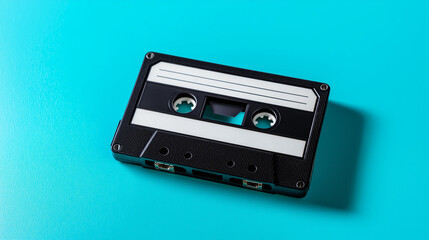 Fototapeta premium Retro audio cassette tape on bright turquoise background representing vintage music technology.
