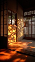 Naklejka premium Interior Warm Light Through Shoji Doors, Abstract Shadows and Elegant Ambiance, Minimalist Japanese Architecture