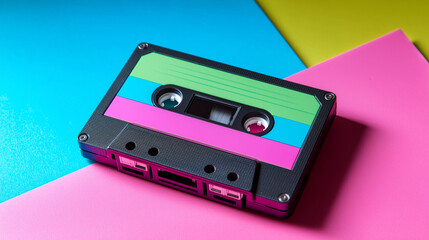 Fototapeta premium Retro audio cassette tape on vibrant colorful gradient background representing vintage music technology.