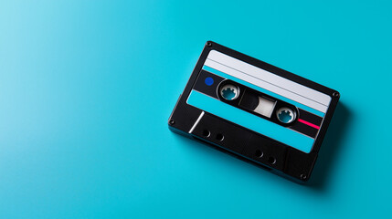 Fototapeta premium Retro audio cassette tape on bright turquoise background representing vintage music technology.