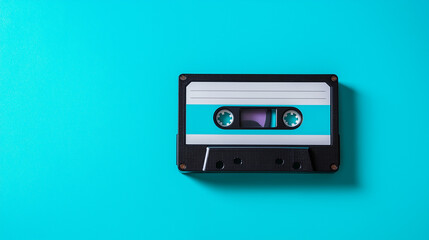 Obraz premium Retro audio cassette tape on bright turquoise background representing vintage music technology.