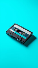 Fototapeta premium Retro audio cassette tape on bright turquoise background representing vintage music technology.