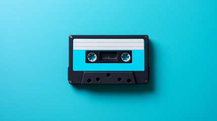 Fototapeta premium Retro audio cassette tape on bright turquoise background representing vintage music technology.
