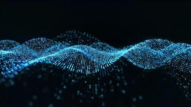 Small digital pixels drifting slowly across dark background forming subtle abstract motion pattern in seamless loop animation.