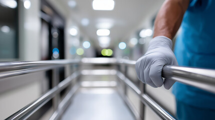 Fototapeta premium Close-up of hand holding hospital corridor railing representing healthcare support and patient mobility.