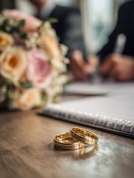 Two gold wedding bands resting on a wooden table with a blurred bridal bouquet and couple signing marriage documents in the background during a ceremony