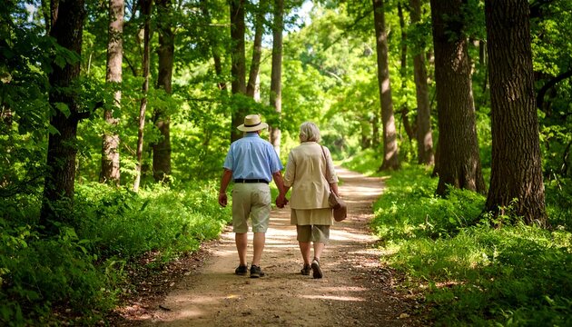 An elderly couple strolls hand-in-hand down a shaded path through a lush green forest, enjoying a peaceful walk. The scene evokes tranquility