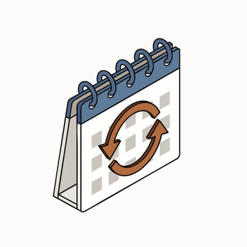 Isometric calendar icon with circular arrows symbolizing recurring events, planning, and time management