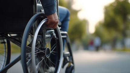 Fototapeta premium Close-up of person using manual wheelchair highlighting mobility, disability support and accessibility.