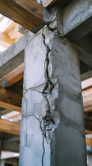 Naklejka premium Cracked concrete pillar in unfinished building showing structural damage and construction failure.