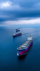 Fototapeta premium Large cargo tanker ship transporting goods across open sea representing global maritime shipping and logistics.