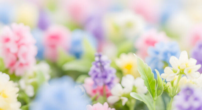 Soft focus pastel floral background with delicate flowers in a variety of pastel colors, creating a serene and beautiful aesthetic