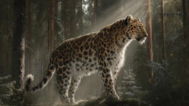 Majestic leopard stands proudly in a sunlit forest clearing, dappled fur and attentive gaze