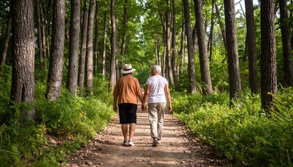 Fototapeta premium An elderly couple walks hand-in-hand along a forest path, surrounded by trees and green foliage. The sunlight filters through the canopy