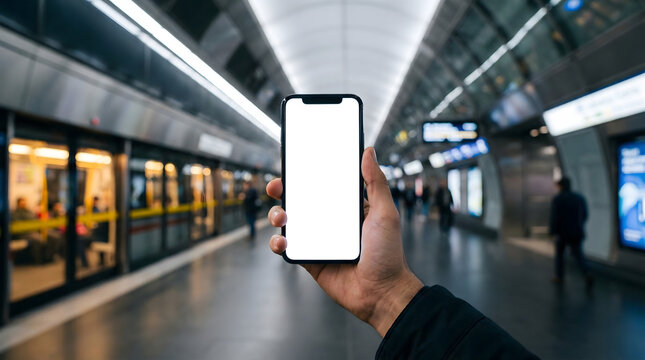 Hand holding a smartphone with a blank white screen mockup at a modern subway station platform with a blurred train and commuters in the background for transit technology concepts