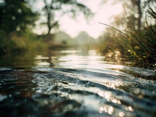Fototapeta premium Serene River Flowing Through a Lush Green Landscape at Sunrise, Reflecting Sunlight on Water