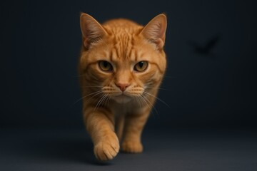 Obraz premium Alert Orange Tabby Cat Walking Forward with Focused Expression on Dark Background, Striking Animal Portrait