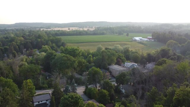 Aerial view of the Cheltenham community in the town of Caledon, Ontario, Canada. Aerial shot on a hazy summer afternoon along Creditview Road with old historic buildings.