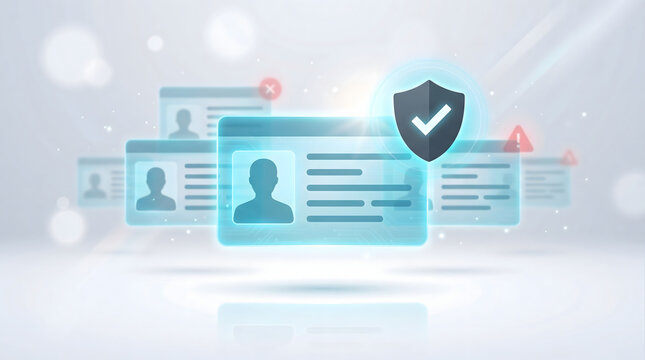 Digital identity protection concept with virtual identification cards protected by a glowing shield and check mark icon representing secure data management and privacy security
