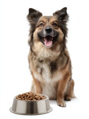 Fototapeta premium Happy Dog Sitting Patiently Beside Bowl of Food Against White Background Studio Shot