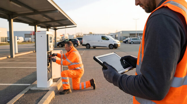 Two technicians in orange safety vests installing and maintaining an electric vehicle charging station in a parking lot using a digital tablet for diagnostic service and repair