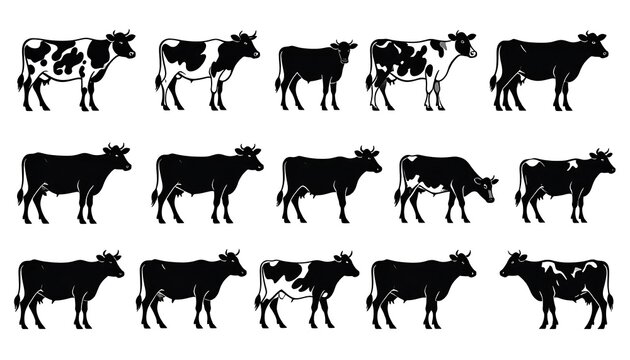 An illustrated series of cow silhouettes, featuring various patterns and solid black depictions against a white backdrop