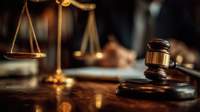 Justice scales and gavel on a wooden desk, representing law, legal process, and judiciary power
