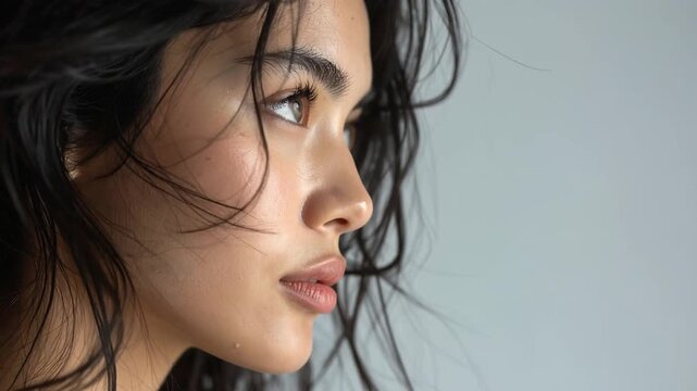 Young woman in side profile with eyes closed and loose hair conveying peaceful relaxed mood
