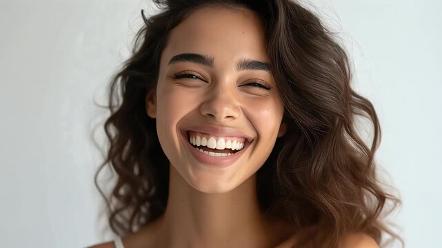 Young woman laughing openly with hair in motion conveying joy and freedom