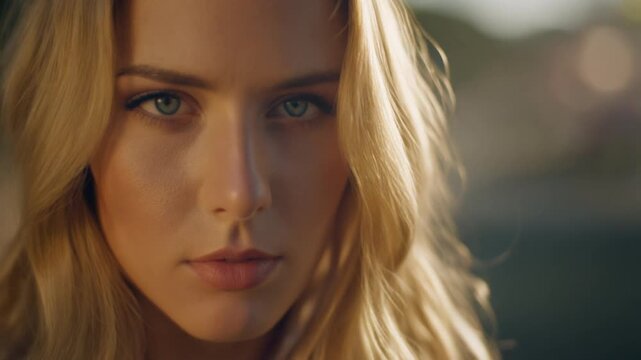 Close cinematic portrait of woman with intense gaze and warm highlights