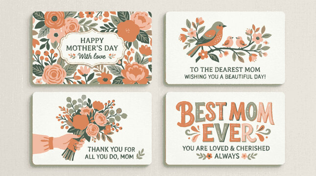 Mother's day greeting cards with floral designs bird illustration heartfelt messages and warm color accents for celebration