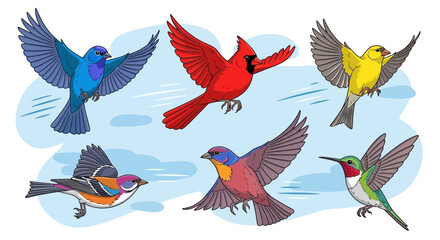 Obraz premium Diverse Birds Flying Together: Cardinal, Bluebird, Hummingbird, Finch, and Others