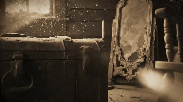 Dusty Attic with Sunlight Rays, Rocking Chair, and Vintage Trunk