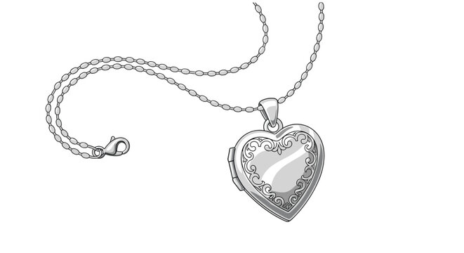 A detailed silver heart-shaped locket with ornate engraved patterns and a reflective surface hangs from a delicate ball chain with a lobster clasp.