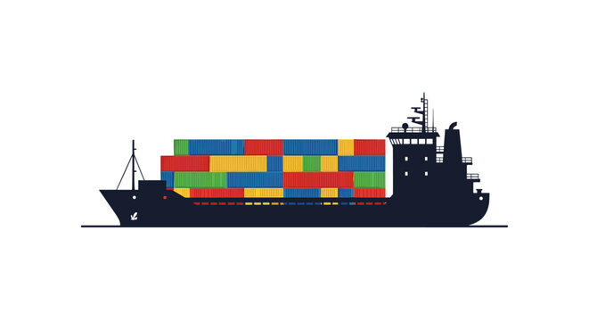 A large dark blue cargo ship is loaded with numerous brightly colored shipping containers, floating on a dark line against a white background.