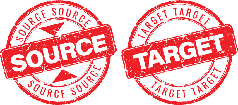 Red grunge rubber stamp icons for source and target identification in logistics and data mapping