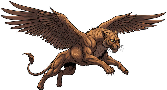 Majestic brown winged feline creature in a dynamic flying pose, a mythical beast illustration.