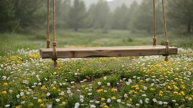 A simple wooden swing hangs over a meadow carpeted with white and yellow wildflowers