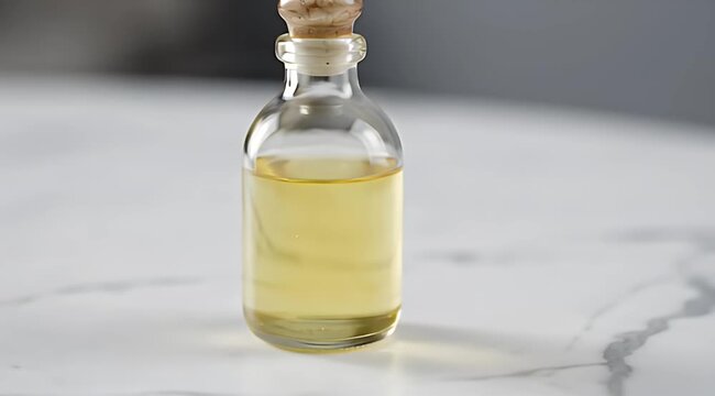 Small glass bottle filled with golden liquid, sealed with a cork stopper