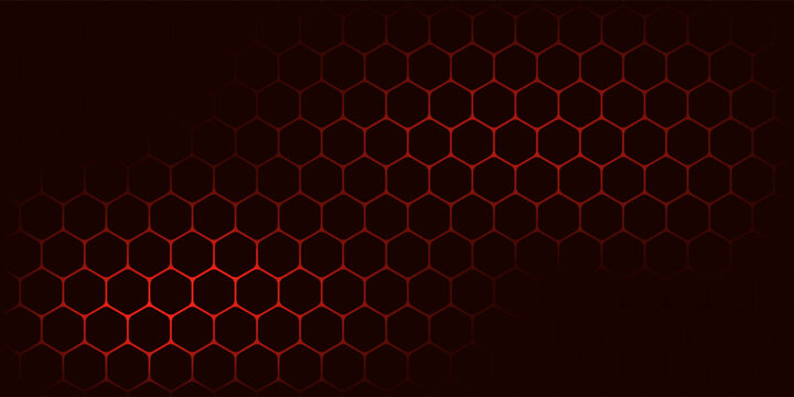 Hexagon game background with glowing red honeycomb grid on black surface. Abstract geometric pattern of connected cells for futuristic interface design. Digital technology bg with luminous edges.