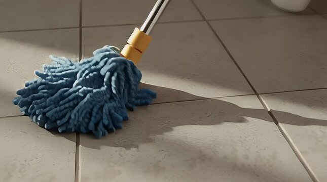 A blue string mop head with a metallic handle rests on light-colored tiled flooring, casting a shadow from the bright natural light, ready for household cleaning tasks.