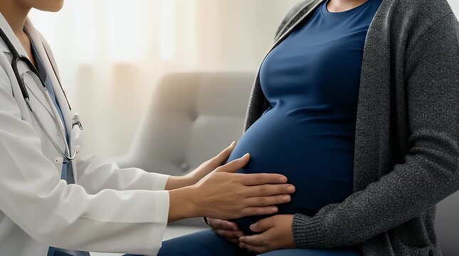 Close up of a caring medical professional gently touching the large pregnant abdomen of a patient during a prenatal examination appointment