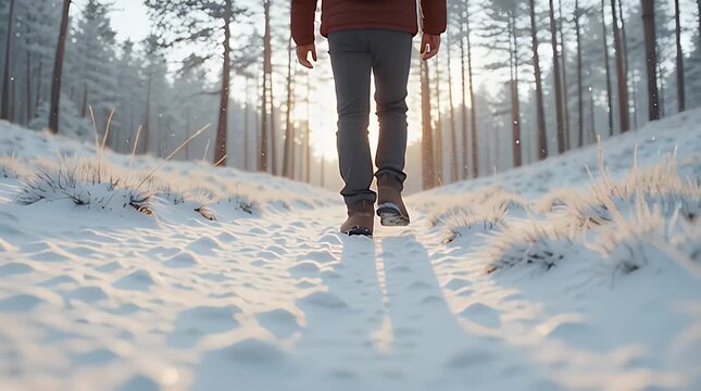 A lone hiker wearing boots walks down a snowy path through a tall pine forest during a bright winter sunrise creating long shadows ahead.