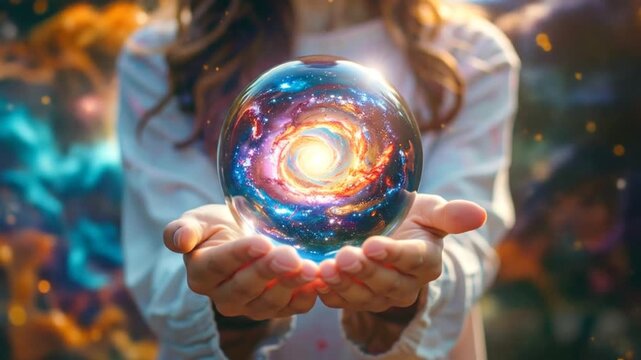 Woman holding glowing crystal ball with vibrant galaxy.