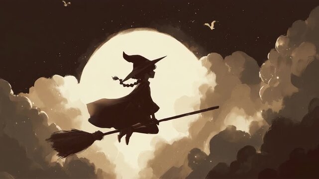 女の子が雲間の夜空を進む影絵シルエット姿