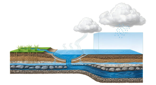 Cross-section illustration of water cycle process with rain and clouds