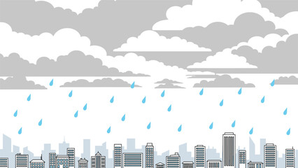 Obraz premium Simple line art illustration of a city skyline with tall buildings under a cloudy sky with raindrops falling down.